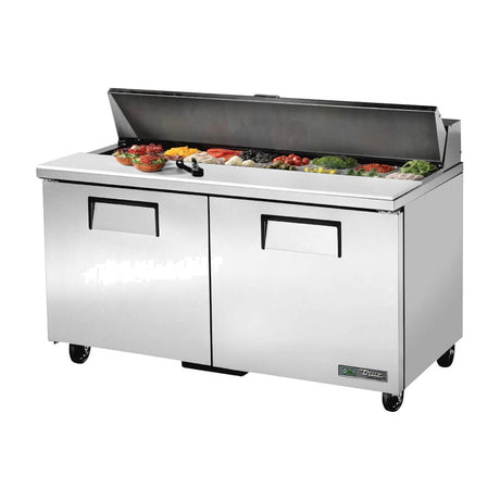 True TSSU-60-16-HC 60-3/8" 2-door sandwich/salad prep table with (16) 1/6 size pans, doors closed, lid open