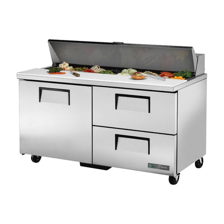 True TSSU-60-16D-2-HC 60-3/8" 1-door 2-drawer sandwich/salad prep table with (16) 1/6 size pans, door and drawers closed, lid open