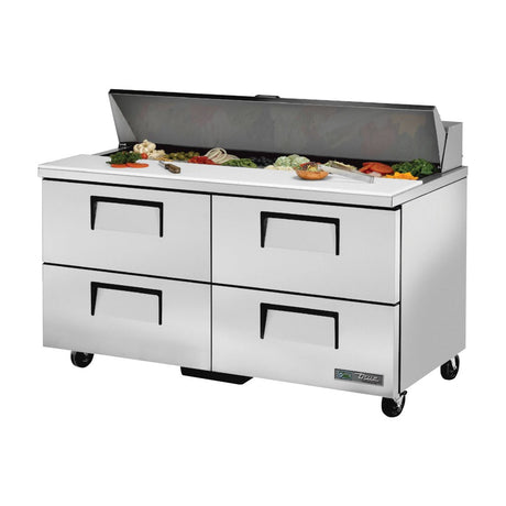 True TSSU-60-16D-4-HC 60-3/8" 4-drawer sandwich/salad prep table with (16) 1/6 size pans, drawers closed, lid open