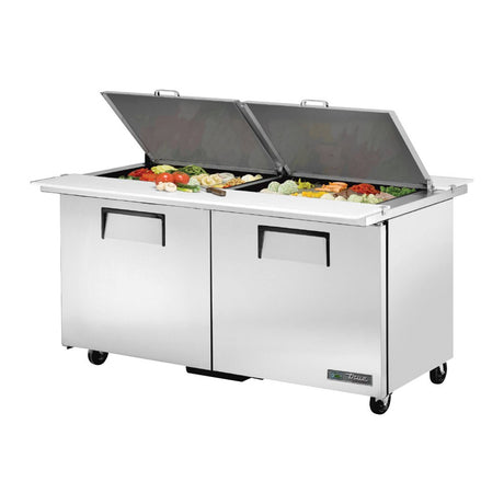 True TSSU-60-24M-B-DS-ST-HC 60-3/8" 2-door dual-sided mega top sandwich/salad prep table with (24) 1/6 size pans, doors closed, lid open