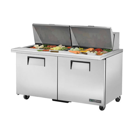 True TSSU-60-24M-B-ST-HC 60-3/8" 2-door mega top sandwich/salad prep table with (24) 1/6 size pans, doors closed, lid open