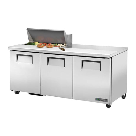 True TSSU-72-08-HC 72-3/8" 3-door sandwich/salad prep table with (8) 1/6 size pans, doors closed, lid open