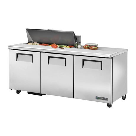 True TSSU-72-10-HC 72-3/8" 3-door sandwich/salad prep table with (10) 1/6 size pans, doors closed, lid open