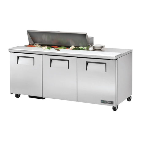 True TSSU-72-12-HC 72-3/8" 3-door sandwich/salad prep table with (12) 1/6 size pans, doors closed, lid open