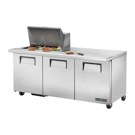 True TSSU-72-12M-B-HC 72-3/8" 3-door mega top sandwich/salad prep table with (12) 1/6 size pans, doors closed, lid open