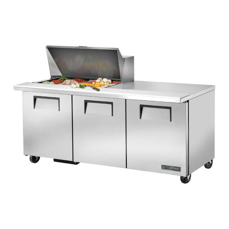 True TSSU-72-15M-B-HC 72-3/8" 3-door mega top sandwich/salad prep table with (15) 1/6 size pans, doors closed, lid open