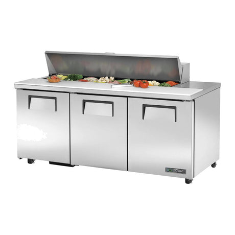 True TSSU-72-16-HC 72-3/8" 3-door sandwich/salad prep table with (16) 1/6 size pans, doors closed, lid open