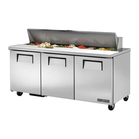 True TSSU-72-18-HC 72-3/8" 3-door sandwich/salad prep table with (18) 1/6 size pans, doors closed, lid open