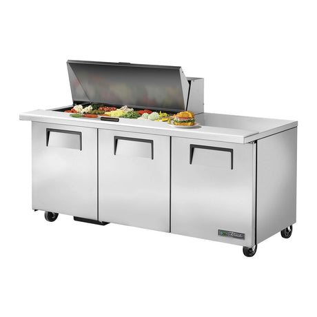 True TSSU-72-18M-B-HC 72-3/8" 3-door mega top sandwich/salad prep table with (18) 1/6 size pans, doors closed, lid open