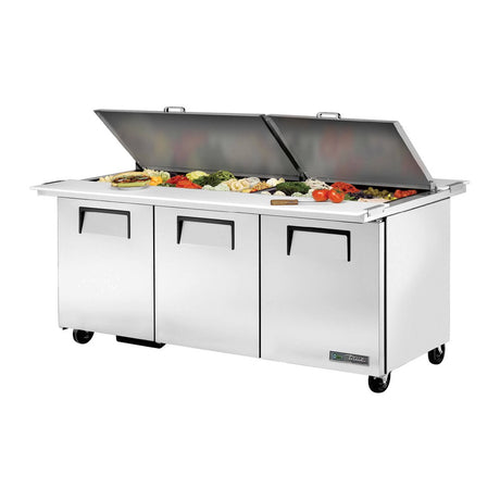 True TSSU-72-30M-B-DS-ST-HC 72-3/8" 3-door dual-sided mega top sandwich/salad prep table with (30) 1/6 size pans, doors closed, lid open