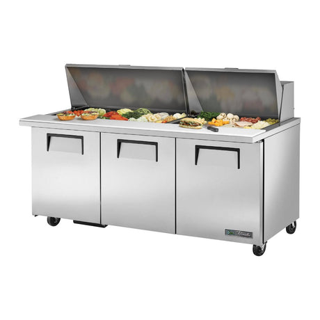 True TSSU-72-30M-B-ST-HC 72-3/8" 3-door mega top sandwich/salad prep table with (30) 1/6 size pans, doors closed, lid open