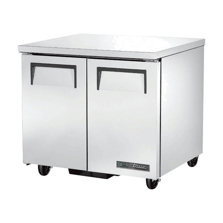 True TUC-36-HC 36-3/8" 2-door undercounter refrigerator, front three-quarter view with doors closed