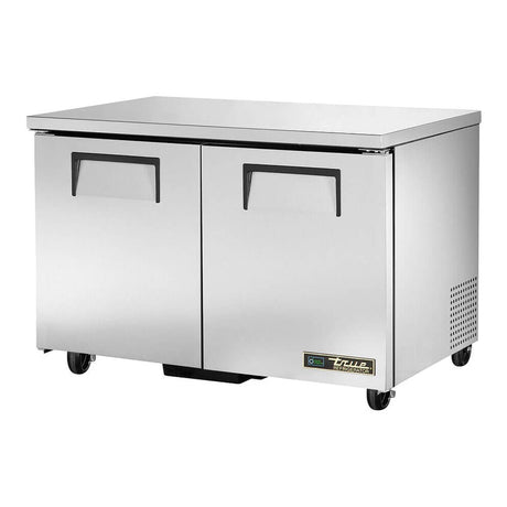 True TUC-48-HC 48-3/8" 2-door undercounter refrigerator, front three-quarter view with doors closed