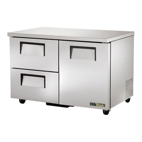 True TUC-48D-2-HC 48-3/8" 1-door 2-drawer undercounter refrigerator, front three-quarter view with door and drawers closed