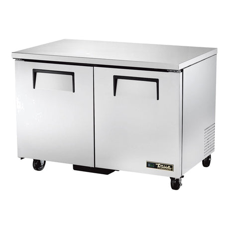 True TUC-48F-HC 48-3/8" 2-door undercounter freezer, front three-quarter view with doors closed