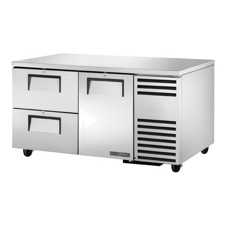 True TUC-60-32D-2-HC 60-1/4" 1-door 2-drawer deep undercounter refrigerator, front three-quarter view with door and drawers closed