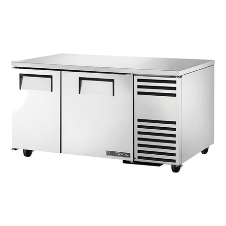 True TUC-60-32F-HC 60-1/4" 2-door deep undercounter freezer, front three-quarter view with doors closed