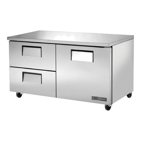 True TUC-60D-2-HC 60-3/8" 1-door 2-drawer undercounter refrigerator, front three-quarter view with door and drawers closed