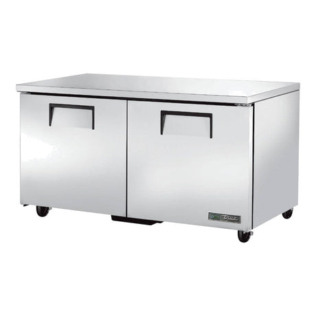 True TUC-60F-HC 60-3/8" 2-door undercounter freezer, front three-quarter view with doors closed
