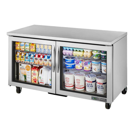 True TUC-60G-HC 60-3/8" 2-glass-door undercounter refrigerator, front three-quarter view with doors closed