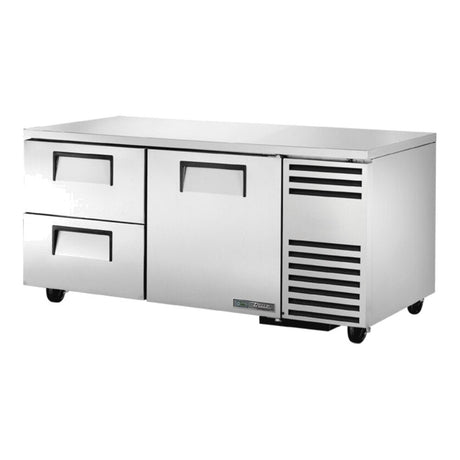True TUC-67D-2-HC 67-1/4" 1-door 2-drawer deep undercounter refrigerator, front three-quarter view with door and drawers closed