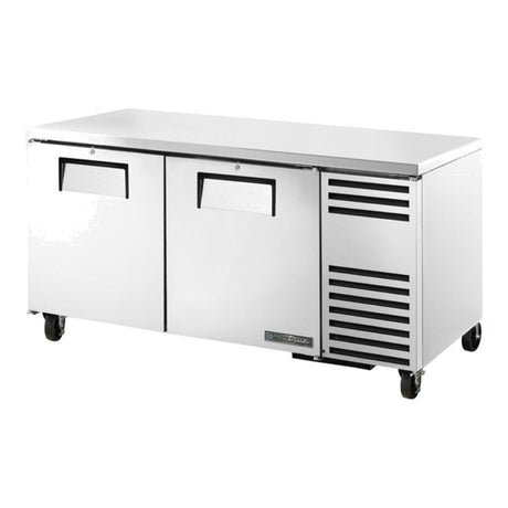 True TUC-67F-HC 67-1/4" 2-door deep undercounter freezer, front three-quarter view with doors closed