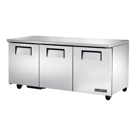 True TUC-72-HC 72-3/8" 3-door undercounter refrigerator, front three-quarter view with doors closed