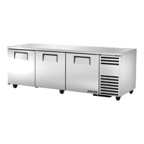 True TUC-93-HC 93-1/4" 3-door deep undercounter refrigerator, front three-quarter view with doors closed