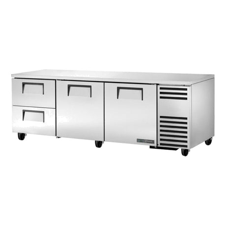 True TUC-93D-2-HC 93-1/4" 2-door 2-drawer deep undercounter refrigerator, front three-quarter view with doors and drawers closed