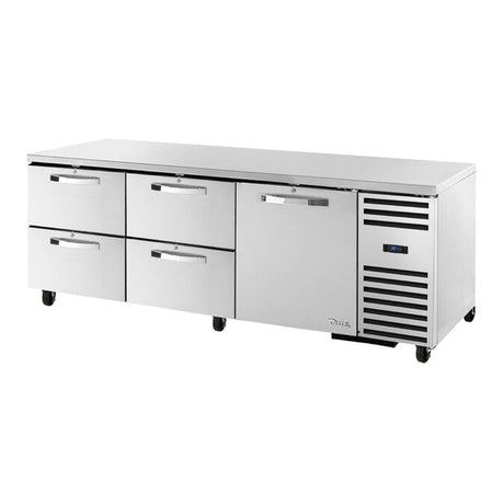 True TUC-93D-4-HC 93-1/4" 1-door 4-drawer deep undercounter refrigerator, stainless interior (SPEC3), front three-quarter view with door and drawers closed