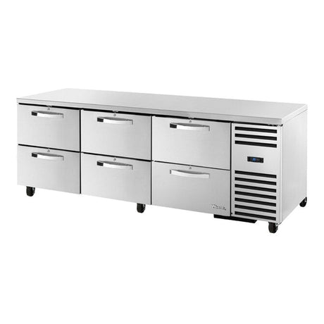 True TUC-93D-6-HC 93-1/4" 6-drawer deep undercounter refrigerator, stainless interior (SPEC3), front three-quarter view with drawers closed