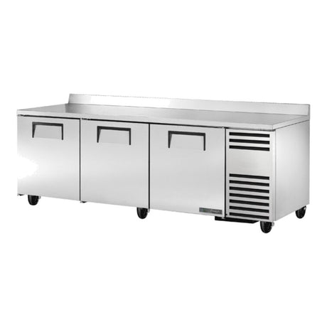 True TWT-93-HC 93-1/4" 3-door deep worktop refrigerator, front three-quarter view with doors closed